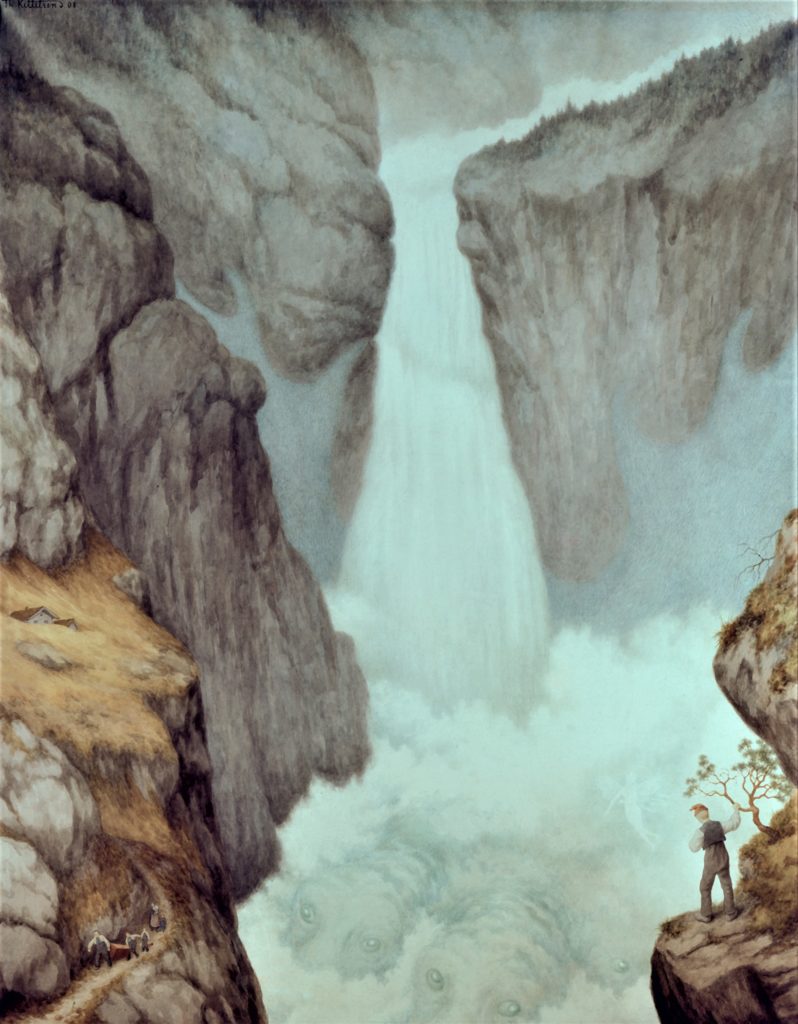 INSPIRASJONEN: Den mektige Rjukanfossen er motivet i den første av Kittelsens fem akvareller fra 1907-08. Med sin symbolikk, detaljrikdom og Kittelsens detaljerte forklaringer utmerker serien seg som enestående kunstverker i hans meget omfattende produksjon. Høsten 1913 ble fossen sluppet for å hedre Kittelsen. Foto: NIA.