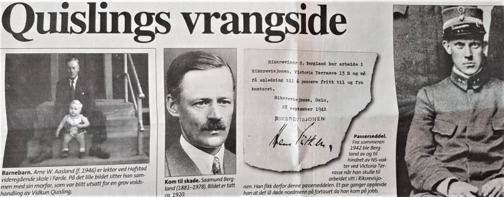 Dottersonen Arne W. Aasland noterte ned kva Saamund fortalde om åra han tenestegjorde for familien Qvisling på Gjerpen prestegard. Han skreiv ein kronikk i Aftenposten som etter kvart fekk stor merksemd. Faksimile frå Aftenposten (12.12. 1999).