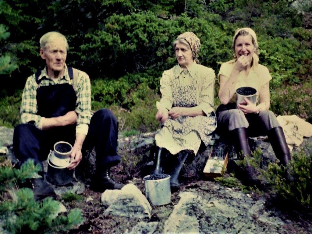 Helsa var god heile livet. Sjølv om han var overmåte glad i å stella i hagen, lika han òg å dra på tur i skog og mark. Her frå ein blåbærtur med Mathilde og svigerdottera Elsa, truleg på Reshjemheia. (Foto: O. Bergland).