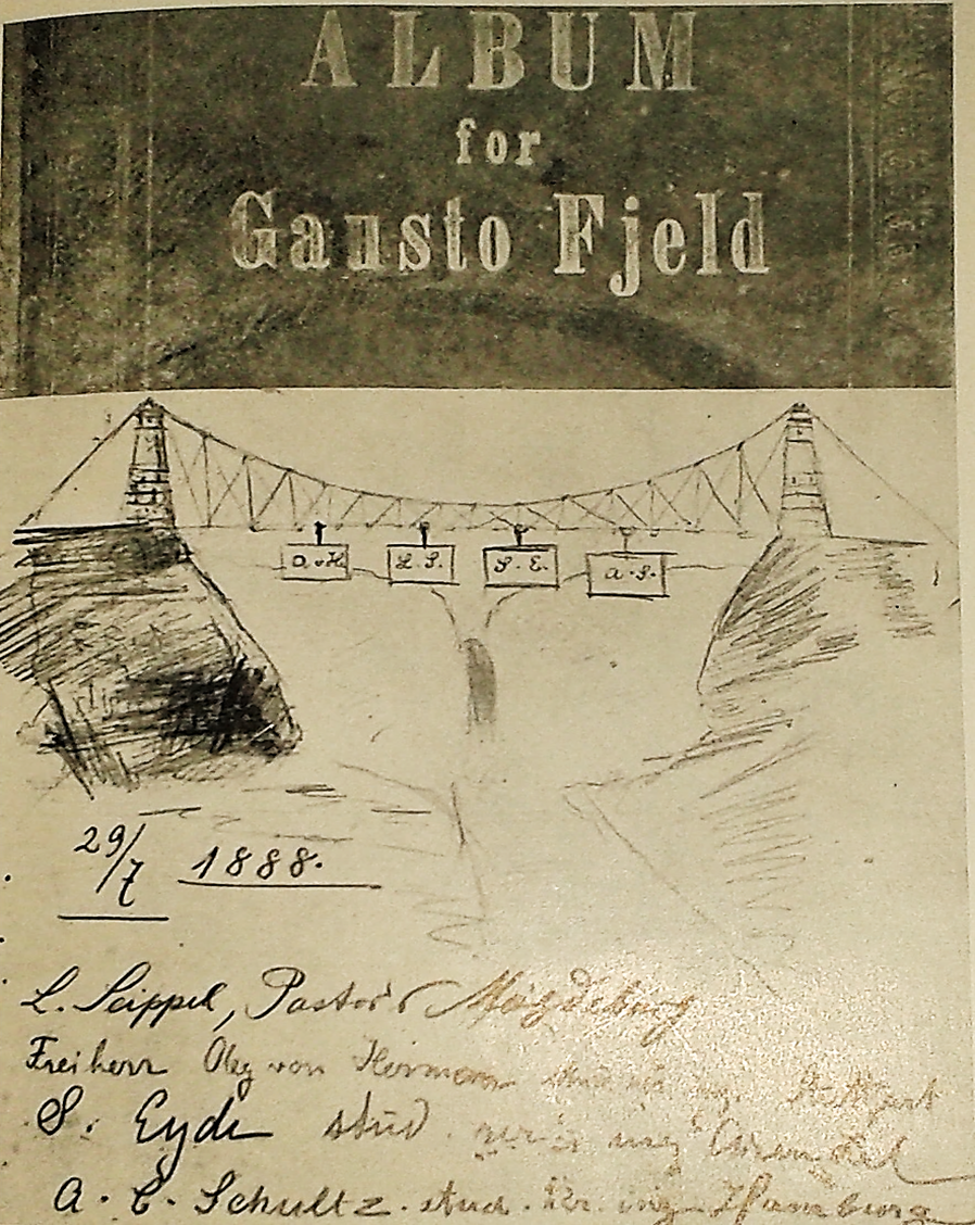 Tidlig – og varig: Sam Eyde fikk allerede som 21-årig student sommeren 1888 blikk for kreftene i Rjukanfossen. Han tegnet den inn i DNTs gjestebok på Gaustatoppen. 50 år seinere argumenterte han i selvbiografien for at løsningen som ble valgt, med regulering av Møsvatn og fabrikker på Rjukan, var den riktige. (Foto: Hydro/NIA).
