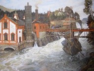 To år seinare hadde Holmboe nye oppdrag for industrien i øvre telemark. Denne gongen var det Tinfos Papirfabrik som ville ha like fine bilete i det nye kontorbygget sitt. (Fotoeigar: Tinfos).