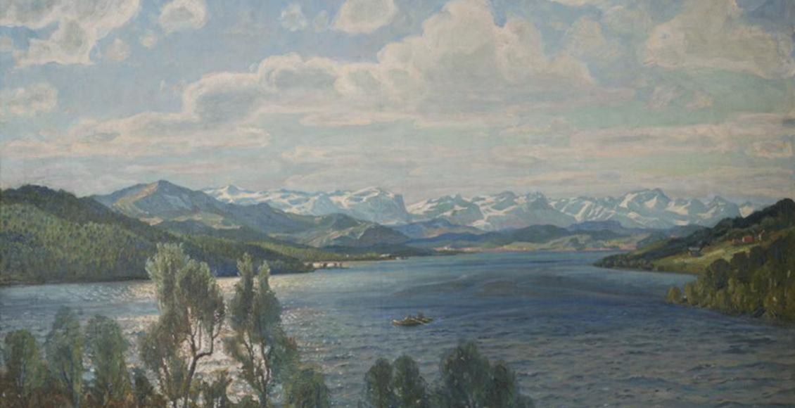 Utsikt mot Møsvatn: Båtturen sommaren 1906 ga inspirasjon til dette måleriet, som var eitt av dei fem som Sam Eyde tinga frå Thorolf Holmboe. (Fotoeigar: Hydro).