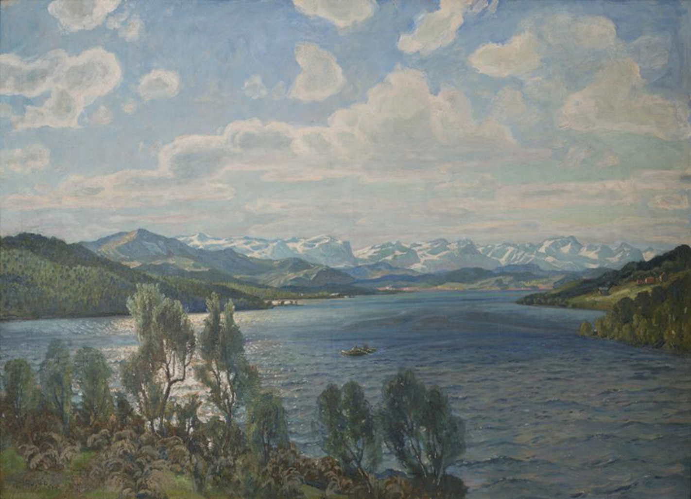 Utsikt mot Møsvatn: Båtturen sommaren 1906 ga inspirasjon til dette måleriet, som var eitt av dei fem som Sam Eyde tinga frå Thorolf Holmboe. (Fotoeigar: Hydro).