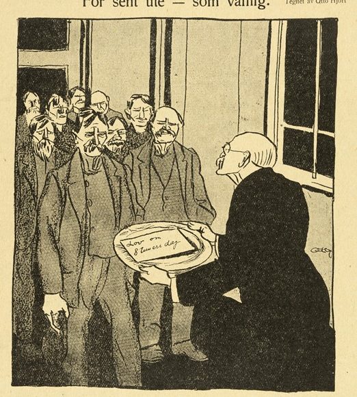 Statsminister Knudsen serverte 8-timarsdagen på eit sylvfat til arbeidarane. Dei kunne høfleg takke nei! (Teikning frå bladet Hvepsen 1919).