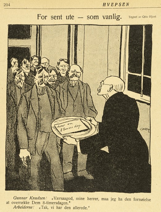 Statsminister Knudsen serverte 8-timarsdagen på eit sylvfat til arbeidarane. Dei kunne høfleg takke nei! (Teikning frå bladet Hvepsen 1919).