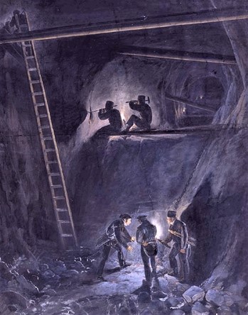 Fra Kongens Gruve, Kongsberg, slik Johannes Flintoe fremstilte arbeidet i gruva i 1834.