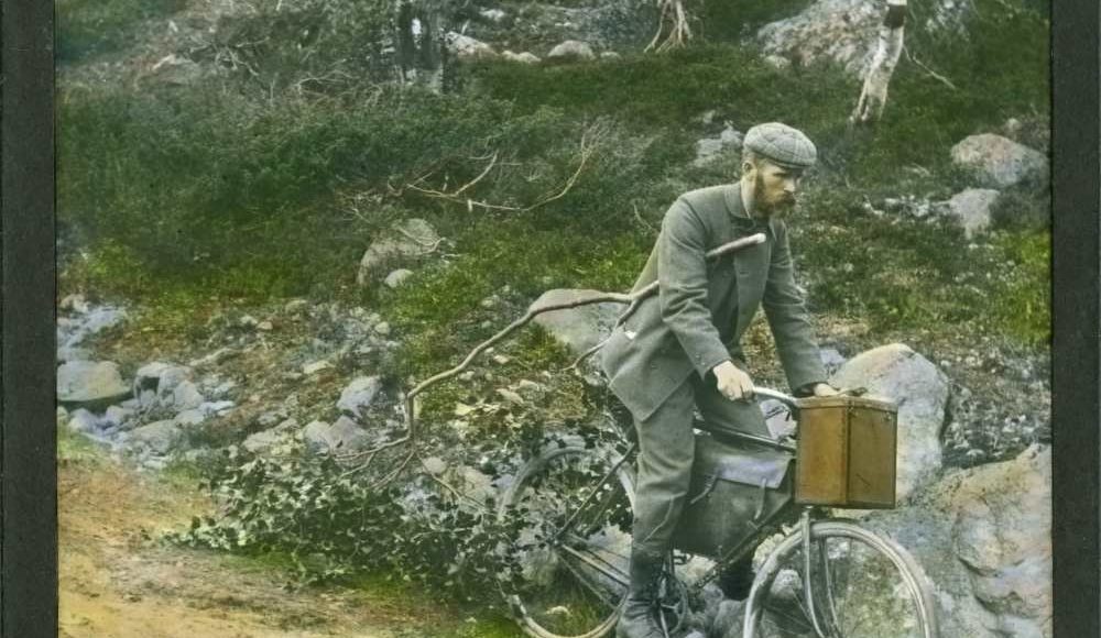 Tungt utstyr – ekstra brems: Wilse på jobb, med sykkel, ti kilo fotoutstyr og et lauvtre som en ekstra brems i bakkene ned fra Filefjell mot Lærdal. (Foto: A.B. Wilse).